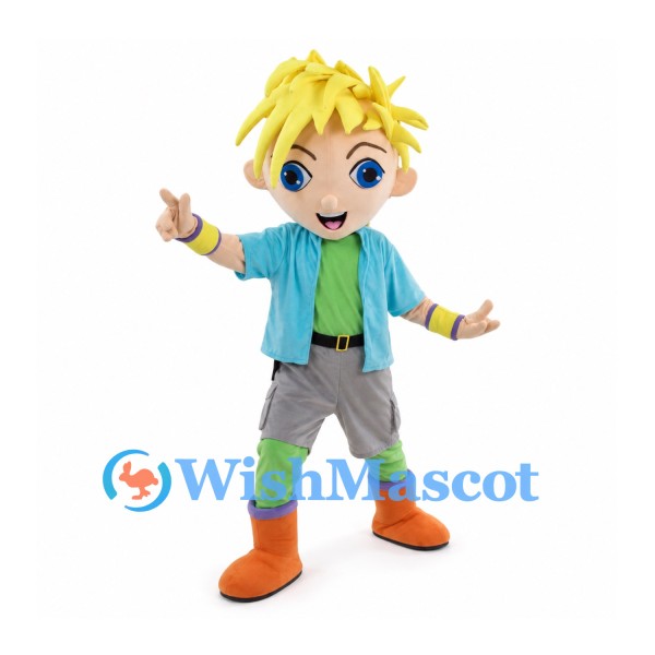 Boy Mascot Costume with Blonde Spiky Hair and Teal Jacket