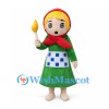 Woman Mascot Costume with Red Headscarf and Green Dress
