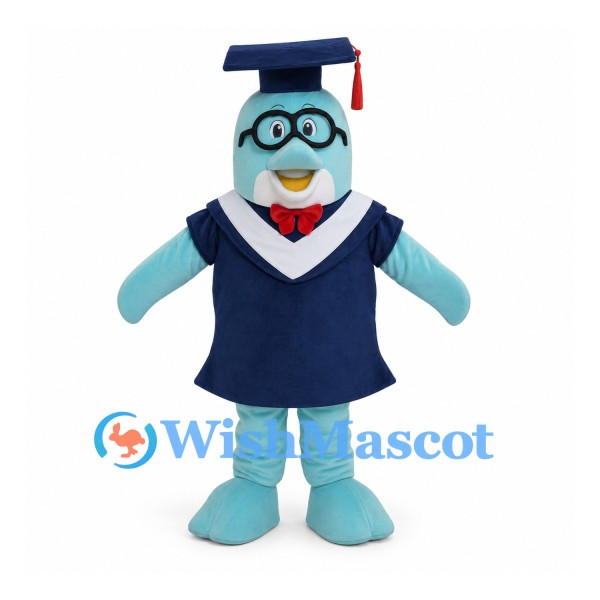 Dolphin Mascot Costume with Navy Graduation Gown and Cap