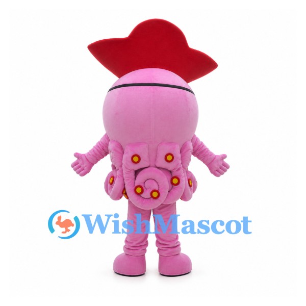 Pink Octopus Mascot Costume with Red Pirate Hat and Eye Patch
