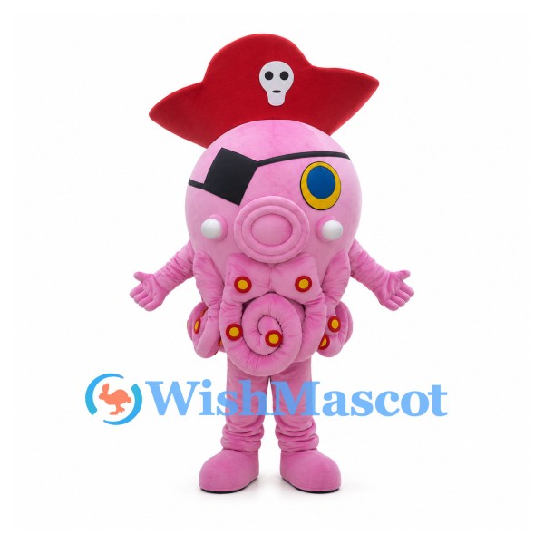 Pink Octopus Mascot Costume with Red Pirate Hat and Eye Patch