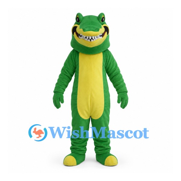 Green Crocodile Mascot Costume with Yellow Belly and Wide Grin