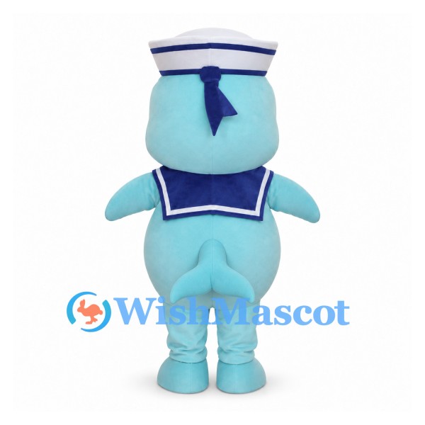 Light Blue Dolphin Mascot Costume with Sailor Hat and Collar