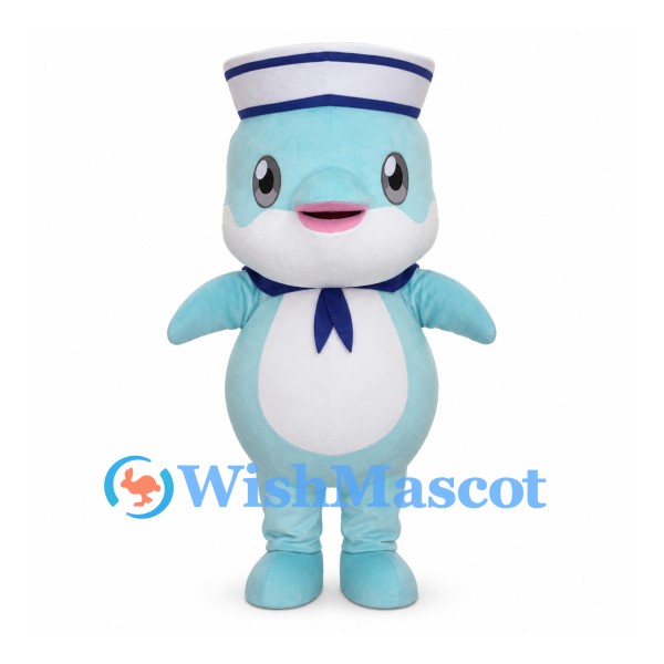 Light Blue Dolphin Mascot Costume with Sailor Hat and Collar