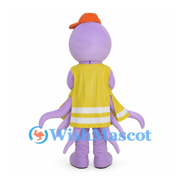 Purple Octopus Mascot Costume with Yellow Vest and Orange Cap