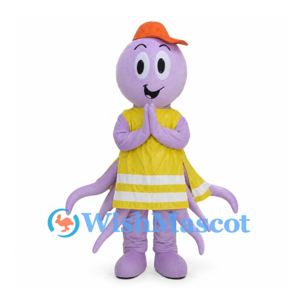 Purple Octopus Mascot Costume with Yellow Vest and Orange Cap