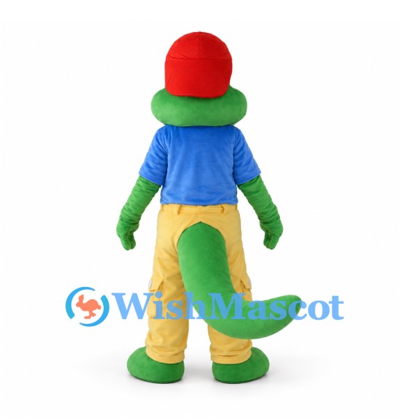 Green Crocodile Mascot Costume with Red Cap and Yellow Pants