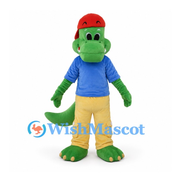 Green Crocodile Mascot Costume with Red Cap and Yellow Pants