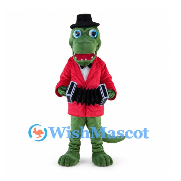 Crocodile Mascot Costume with Red Coat and Accordion