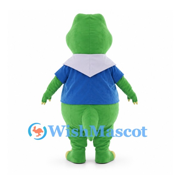 Green Crocodile Mascot Costume with Blue and Yellow Shirt