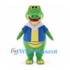 Green Crocodile Mascot Costume with Blue and Yellow Shirt