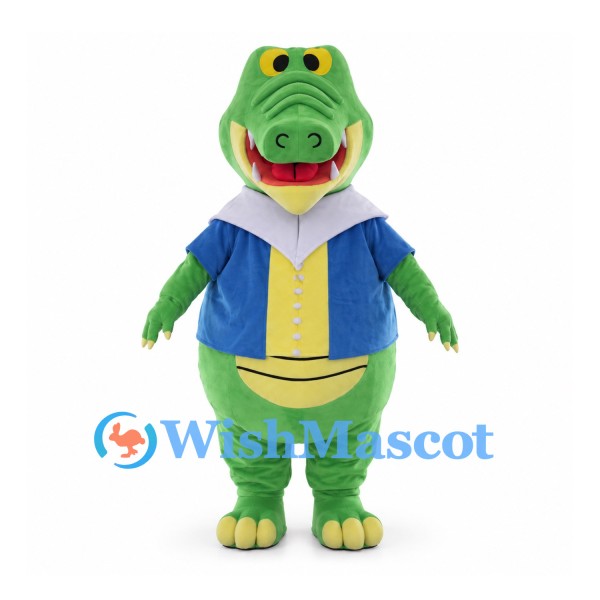 Green Crocodile Mascot Costume with Blue and Yellow Shirt