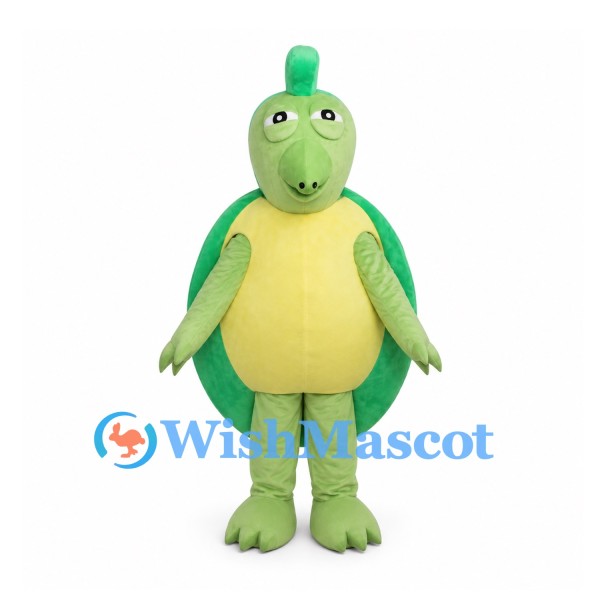 Green Turtle Mascot Costume with Yellow Belly and Round Shell