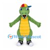 Green Crocodile Mascot Costume with Colorful Cap and Blue Headphones