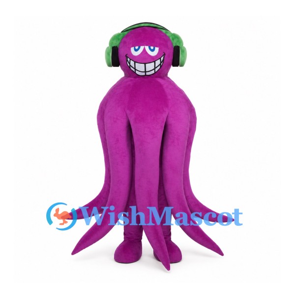 Purple Octopus Mascot Costume with Green Headphones