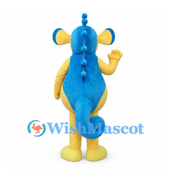 Seahorse Mascot Costume in Yellow and Blue with Curled Tail