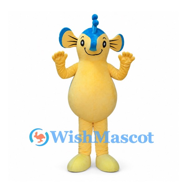 Seahorse Mascot Costume in Yellow and Blue with Curled Tail