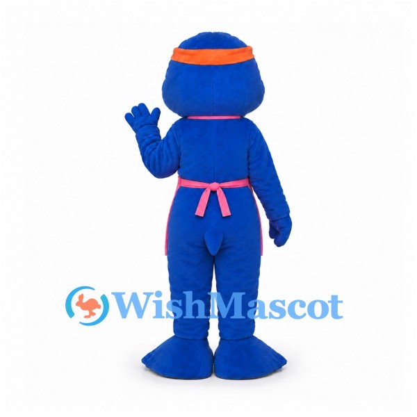 Blue Otter Mascot Costume with Pink Apron and Orange Headband