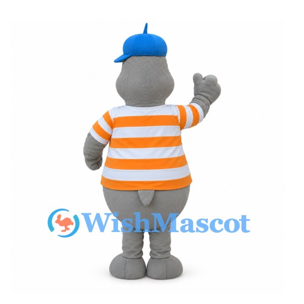 Gray Seal Mascot Costume with Blue Cap and Orange Striped Shirt