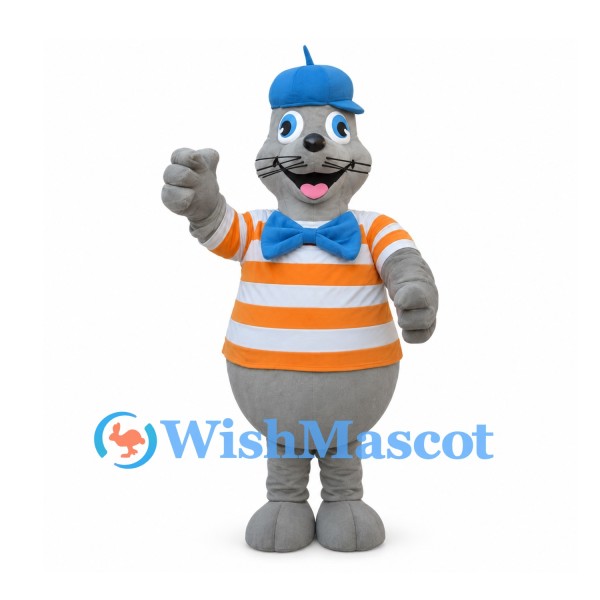 Gray Seal Mascot Costume with Blue Cap and Orange Striped Shirt