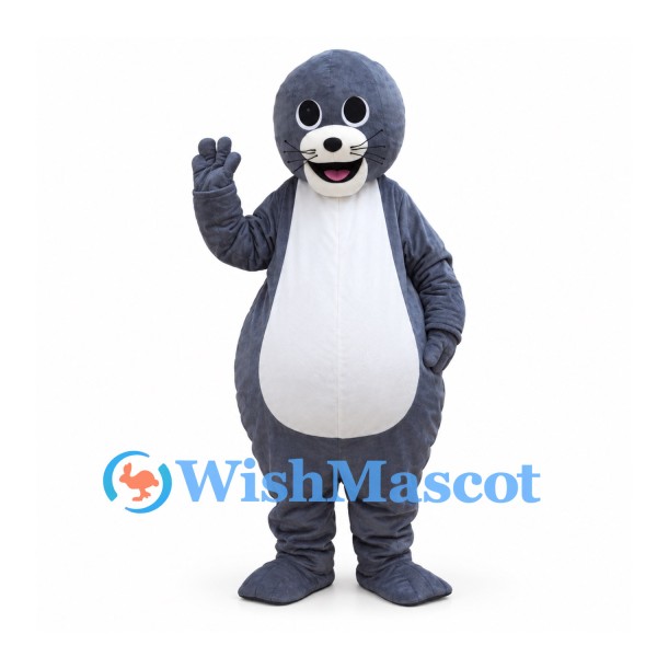 Gray Seal Mascot Costume with Round Head and White Belly