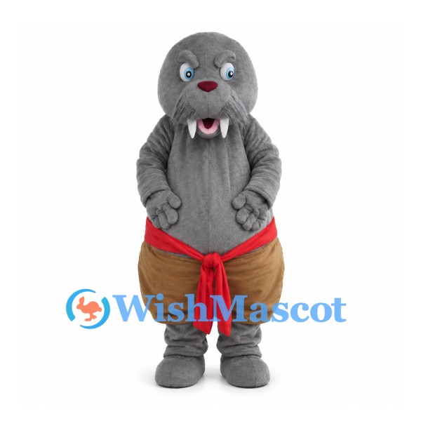 Gray Walrus Mascot Costume with Brown Pants and Red Sash