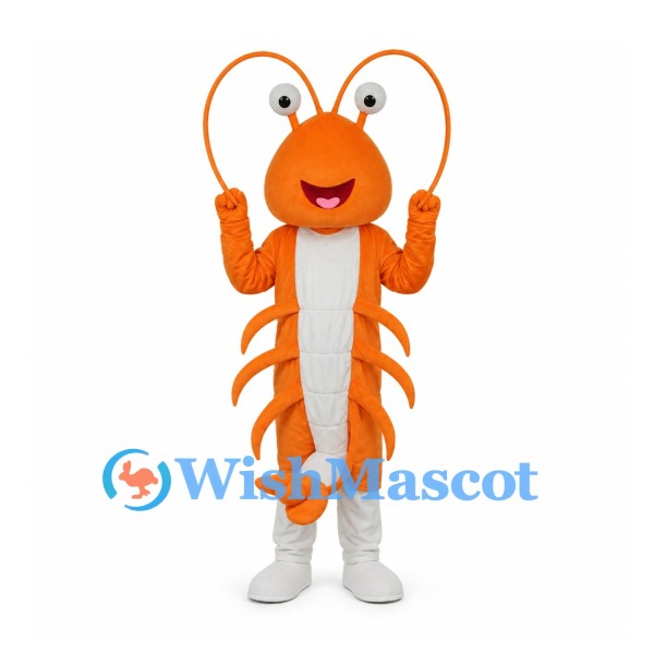 Orange Shrimp Mascot Costume with Long Curved Antennae