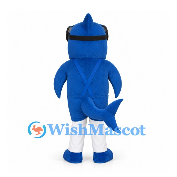 Blue Shark Mascot Costume with Goggles and Striped Shirt