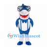 Blue Shark Mascot Costume with Goggles and Striped Shirt
