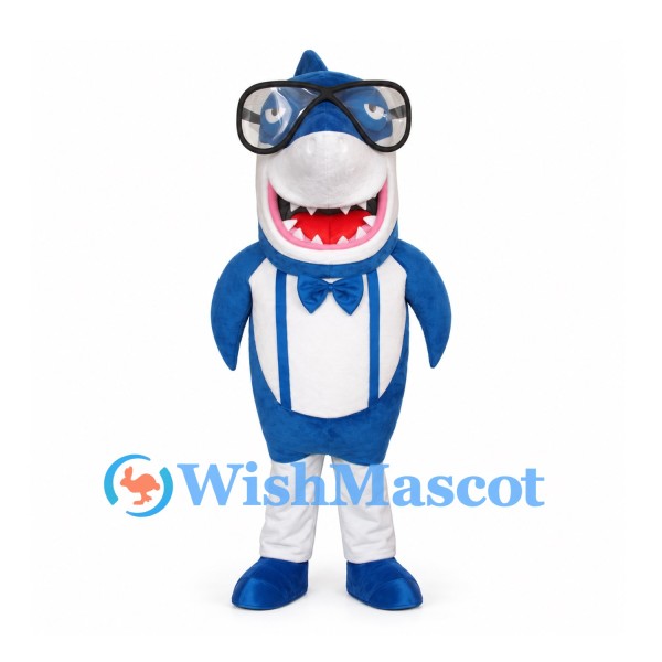 Blue Shark Mascot Costume with Goggles and Striped Shirt