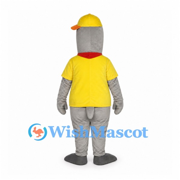 Gray Shark Mascot Costume with Yellow Cap and Red Neck Scarf
