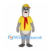 Gray Shark Mascot Costume with Yellow Cap and Red Neck Scarf