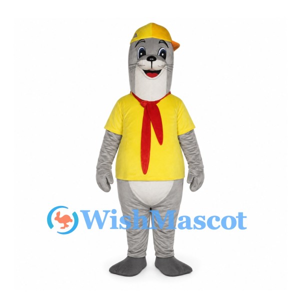 Gray Shark Mascot Costume with Yellow Cap and Red Neck Scarf