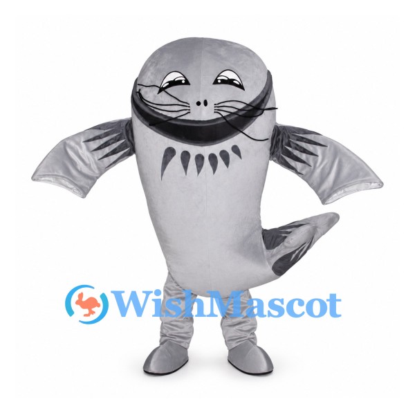 Gray Shark Mascot Costume with Rounded Body and Wide Grin