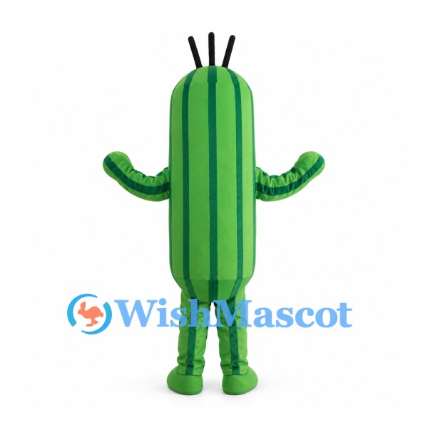 Green Cactus Mascot Costume with Stripes and Black Spines