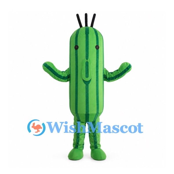 Green Cactus Mascot Costume with Stripes and Black Spines