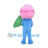 Pink Rose Mascot Costume with Blue Suit and Green Leaf