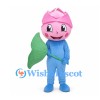 Pink Rose Mascot Costume with Blue Suit and Green Leaf
