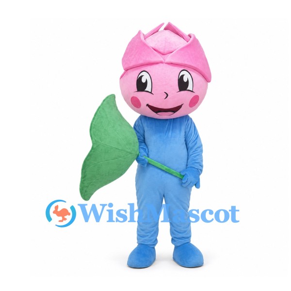 Pink Rose Mascot Costume with Blue Suit and Green Leaf