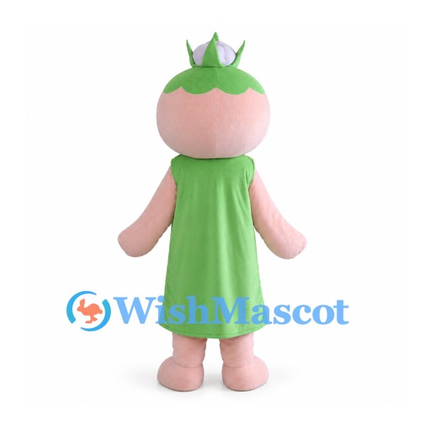 Peach Mascot Costume with Green Dress and Purple Bib