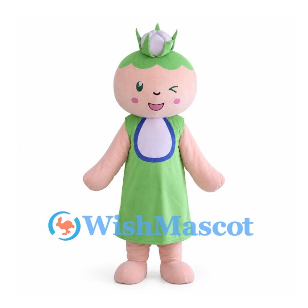 Peach Mascot Costume with Green Dress and Purple Bib