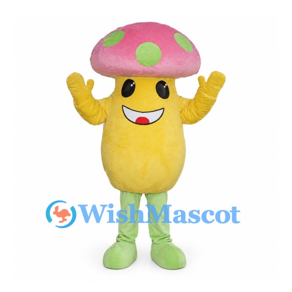 Mushroom Mascot Costume with Pink Cap and Green Spots