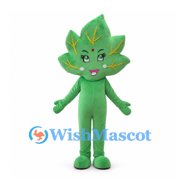 Green Maple Leaf Mascot Costume with Yellow Veins
