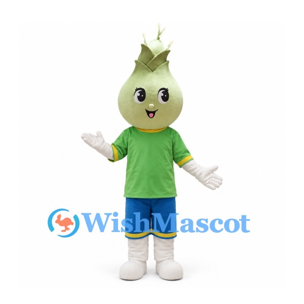 Onion Mascot Costume with Green Shirt and Blue Shorts