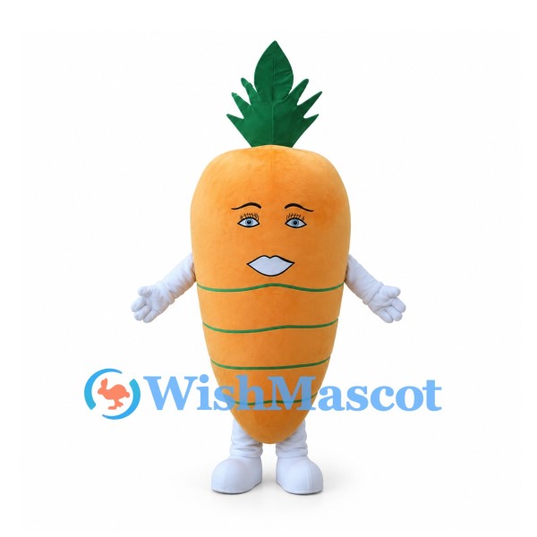 Carrot Mascot Costume with Dark Green Leaves and White Gloves
