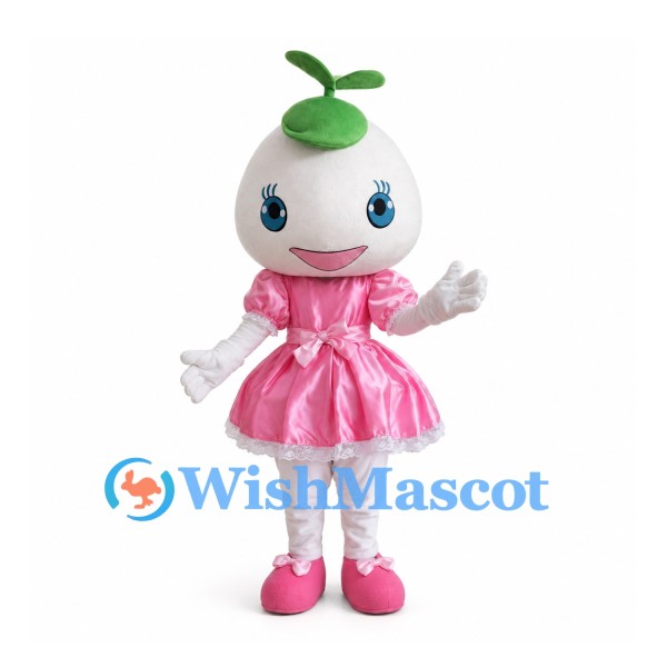 Turnip Mascot Costume with Pink Dress and Green Sprout