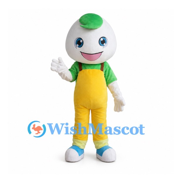 Onion Mascot Costume with Yellow Overalls and Green Shirt