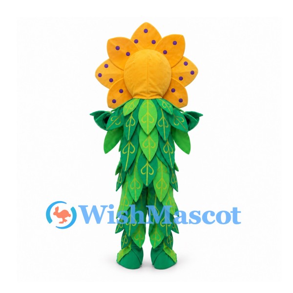 Flower Mascot Costume with Yellow Spotted Petals and Leaf Suit