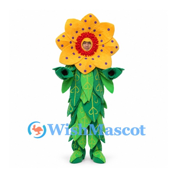 Flower Mascot Costume with Yellow Spotted Petals and Leaf Suit
