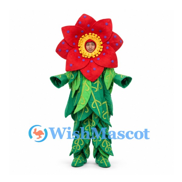 Flower Mascot Costume with Red Spotted Petals and Leaf Suit